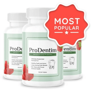 Three ProDentim bottles with chewable oral probiotic tablets